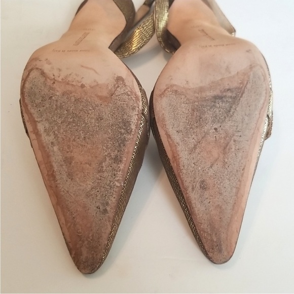 MANOLO BLAHNIK Gold Cracked Leather Print Slingback Heels 38.5/8.5 - Picture 9 of 11